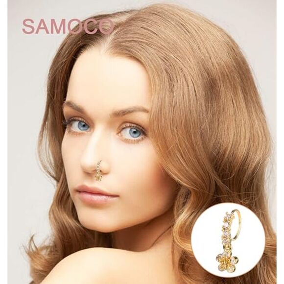 SAMOCO 20Pcs 20G L Shaped Dangle Nose Rings Stainless Steel CZ Flower Studs - Picture 2 of 5